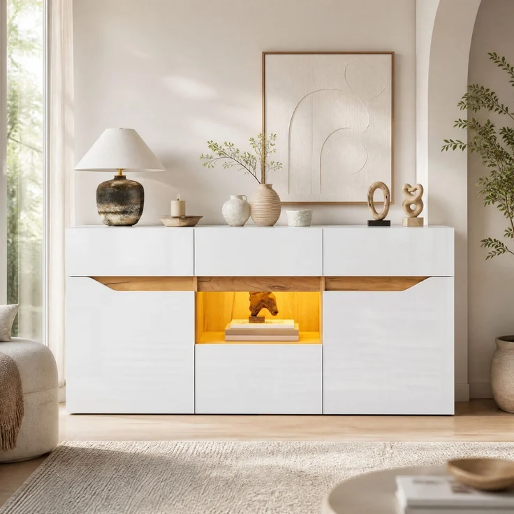 DESVIAE Sideboard mit LED-Beleuchtung und 4 Schubladen 140x70x40 cm Spanplatte Weiß/Naturholz – Bild 2