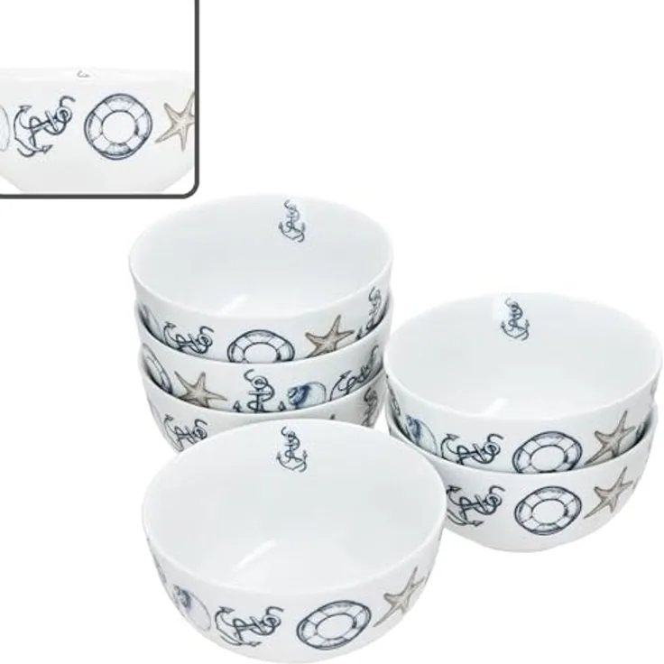 MamboCat Müslischale Neptun 6x Müslischale 14cm Porzellan Dessertschüssel maritim Anker, Porzellan