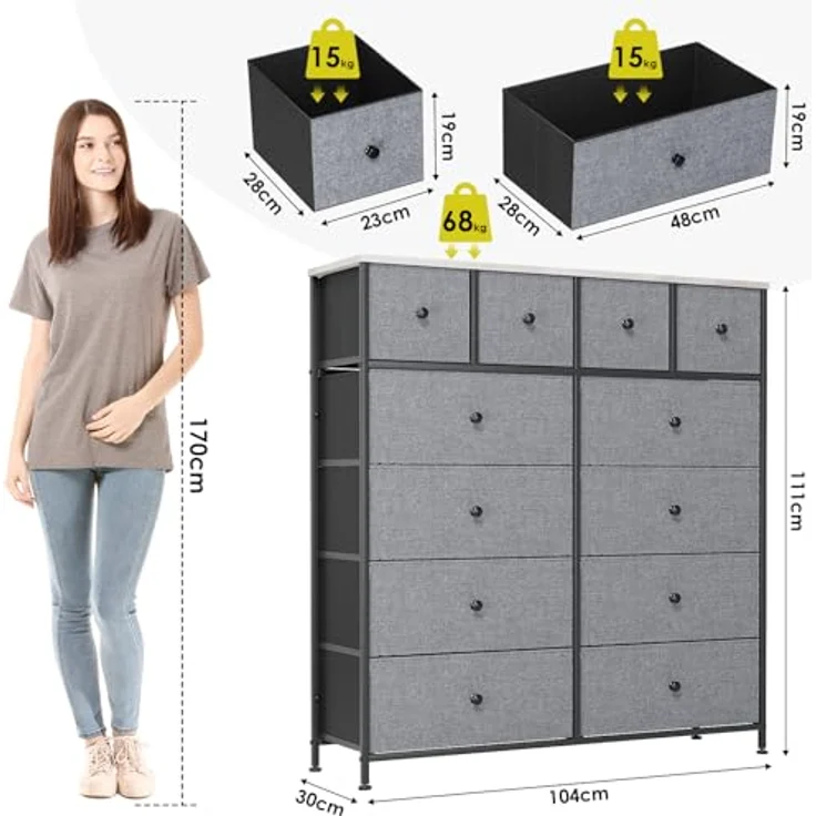 Clevich Stoff-Kommode, Schminktisch Schrank, Aufbewahrungsschrank, 12 Schubladen aus Stoff, Metallrahmen, industrieller Stil, für Wohnzimmer, Flur, Schlafzimmer (Dunkelgrau) – Bild 4