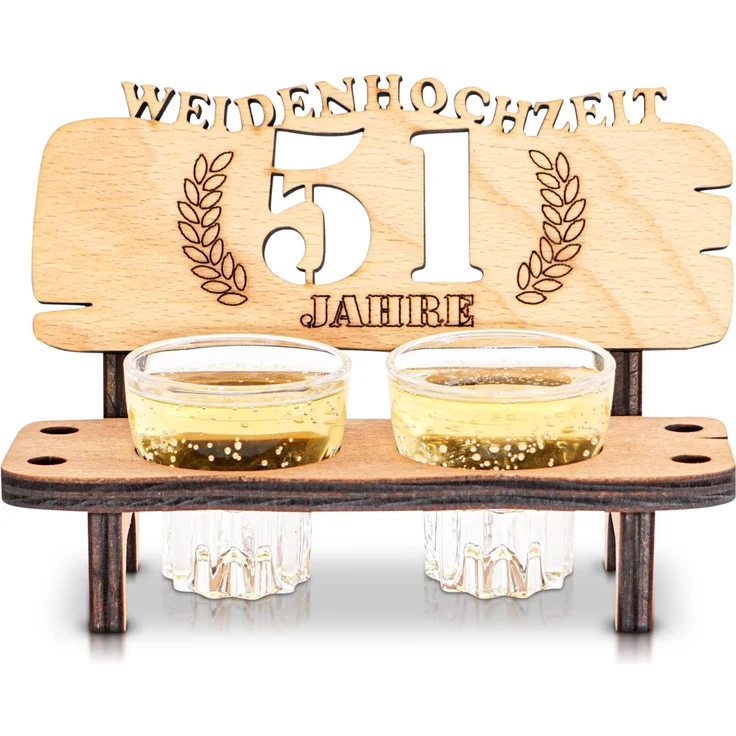 DARO Design - Schnapsbank 51. Hochzeitstag Weidenhochzeit Geschenk Deko für Paare Männer Frauen aus Holz mit Gläsern