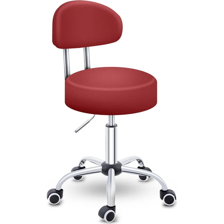 TRESKO Rollhocker mit Lehne, Chrom/Kunstleder weinrot, (60-80) x 47x47 cm – Bild 1