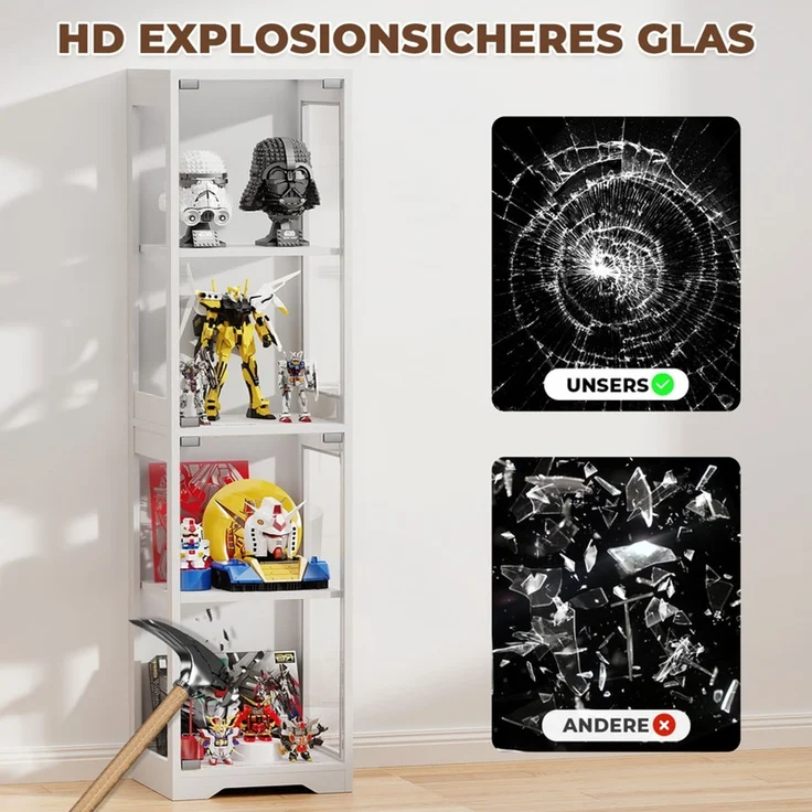 Glasvitrine Ausstellungsschrank 160 cm, 4-stufig mit Glastür, LED-Beleuchtung und Bewegungssensor, Weiß – Bild 8