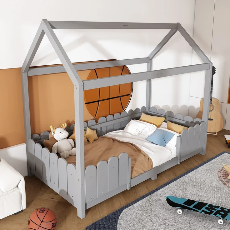 Hausbett mit Lattenrost, 90x200 cm, Kinderbett mit Rausfallschutz, Kiefer – Bild 3