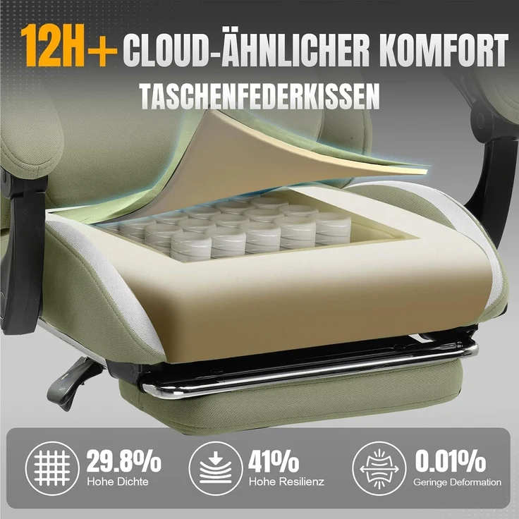 GTPLAYER Gaming-Stuhl Ergonomischer Gaming Sessel Schreibtischstuhl Gamer Stuhl aus Stoff, Federsitzkissen mit Fußstütze – Bild 2