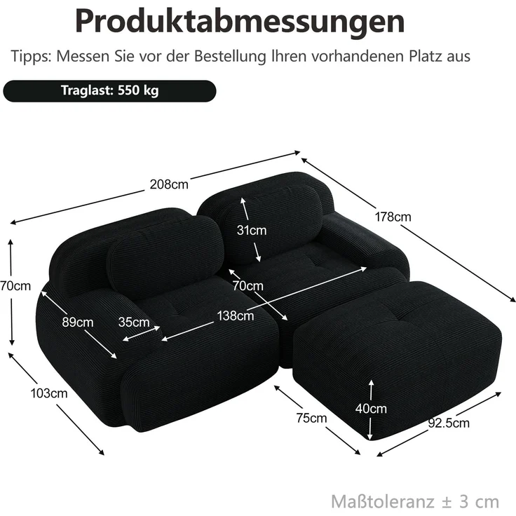 EINHOM Ecksofa aus weichem Cordstoff, Rahmenloses Sofa, modular kombinierbar mit gebogenen Armlehnen, ohne Montage, hochelastische Schaumstoffpolsterung für Wohnzimmer, Ruhezonen und Schlafzimmer, Black – Bild 2