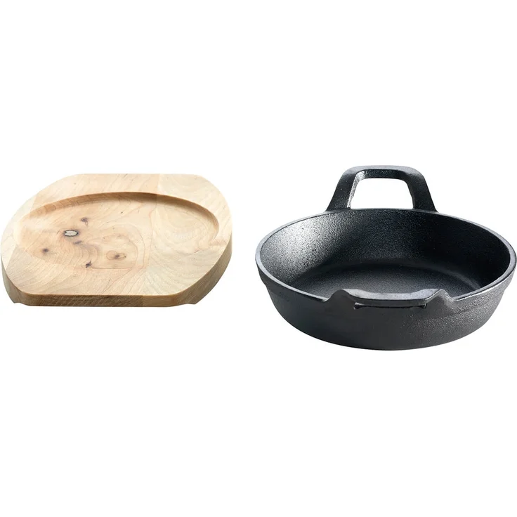 Gusseisenkuss® Pfanne mit Holzuntersetzer, Gusseisen schwarz, Ø 15 cm, Rund mit Griffen – Bild 4