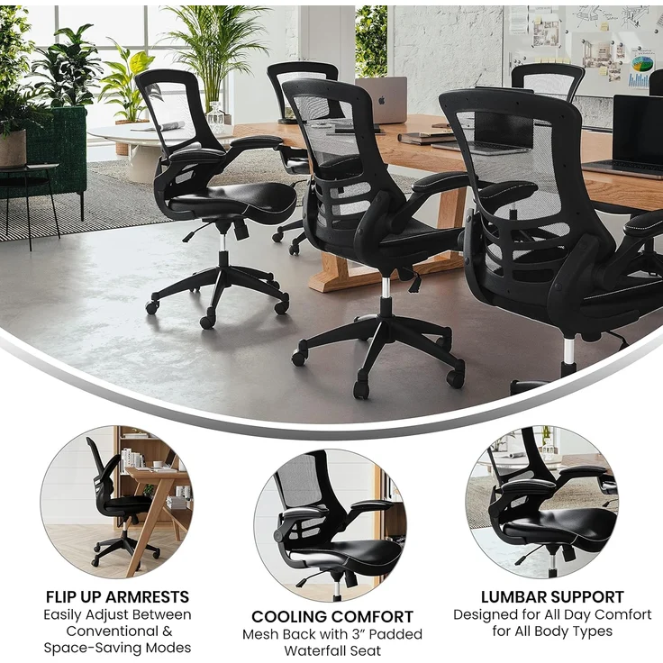 Flash Furniture Bürostuhl mit mittelhoher Rückenlehne – Ergonomischer Schreibtischstuhl mit hochklappbaren Armlehnen und LeatherSoft-Material – Perfekt für Home Office oder Büro – Schwarz – Bild 4