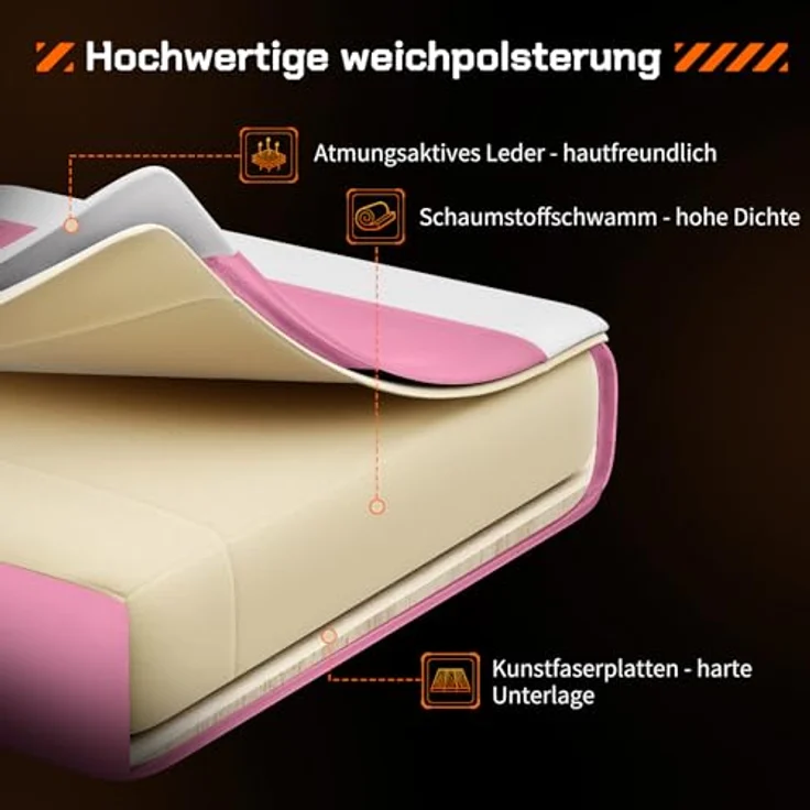 Sweetcrispy Videospiel-Schreibtischstuhl - Ergonomischer Computerstuhl mit Fußstütze und bequemer Lendenwirbelstütze, PU-Leder-Liegesessel mit Kopfstütze,rosa – Bild 8