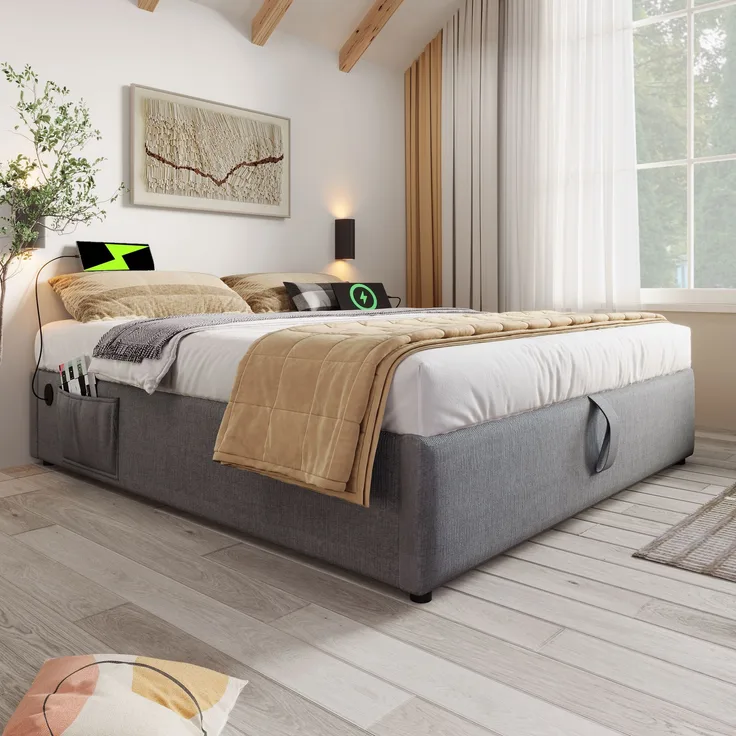 Bettgestell, Baumwoll-Leinen mit Stauraum & USB-Anschluss, 140x200 cm, Grau, ohne Matratze