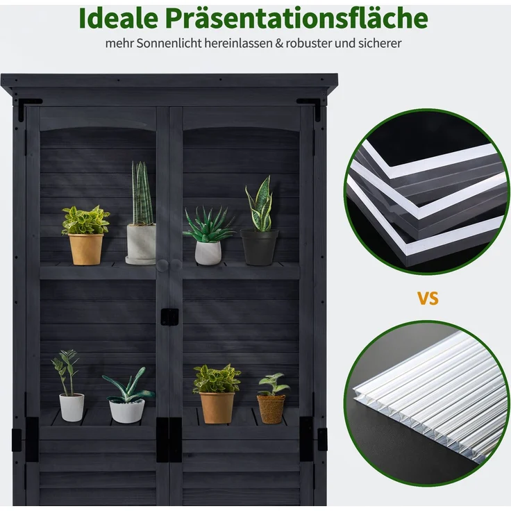 M MCombo Gartenschrank Holz, Gerätehaus Wetterfest Klein, Outdoor Gartenhaus Geräteschuppen für Außenbereich Terrasse Balkon, 0120 (Anthrazitgrau) – Bild 4