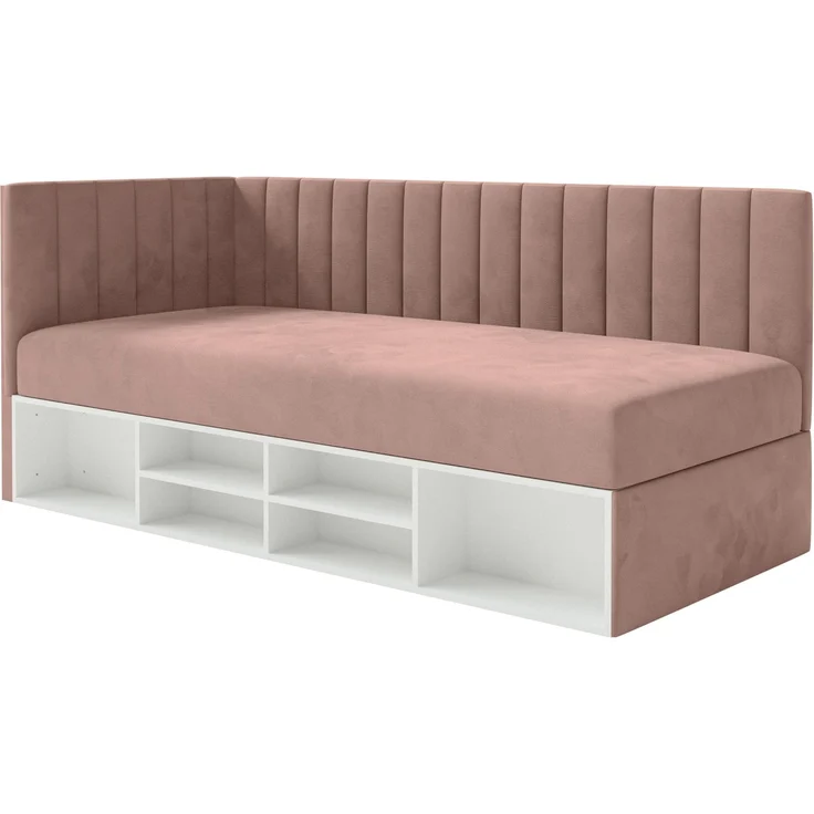 Selsey 'Ventrio' Jugendbett linksseitig mit Regalen, Easy-Clean-Samtbezug, hellrosa, 90x200 cm – Bild 1
