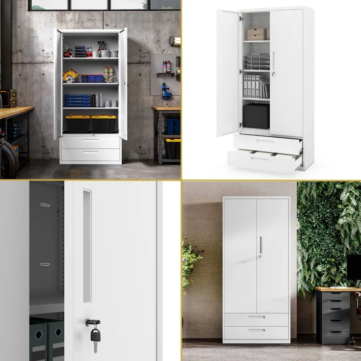 Metallschrank mit Doppel-Schublade RUEL - 195x90x40cm Weiß | Büroschrank Aktenschrank Stahlschrank Fachbodenschrank Werkstattschrank – Bild 7