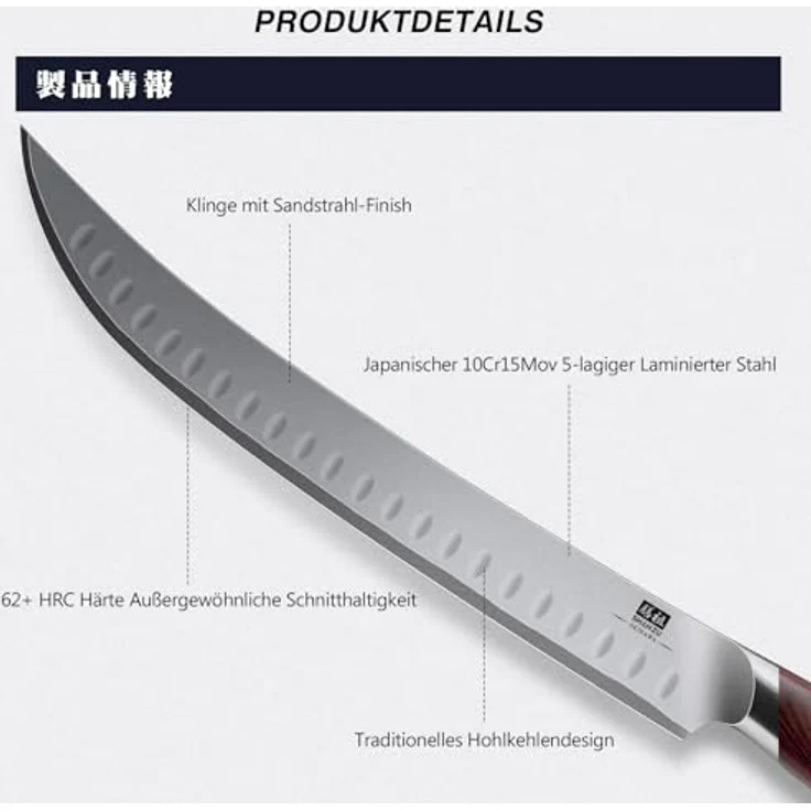 SHAN ZU Fleischmesser 30cm, Japanisches Tranchiermesser für Fleisch & Schinken, Metzgermesser mit 10 CR15Mov hoher Kohlenstoff -Edelstahl -Scharfe und ergonomische Pakkawood -Griff - Okinawa -Serie – Bild 4