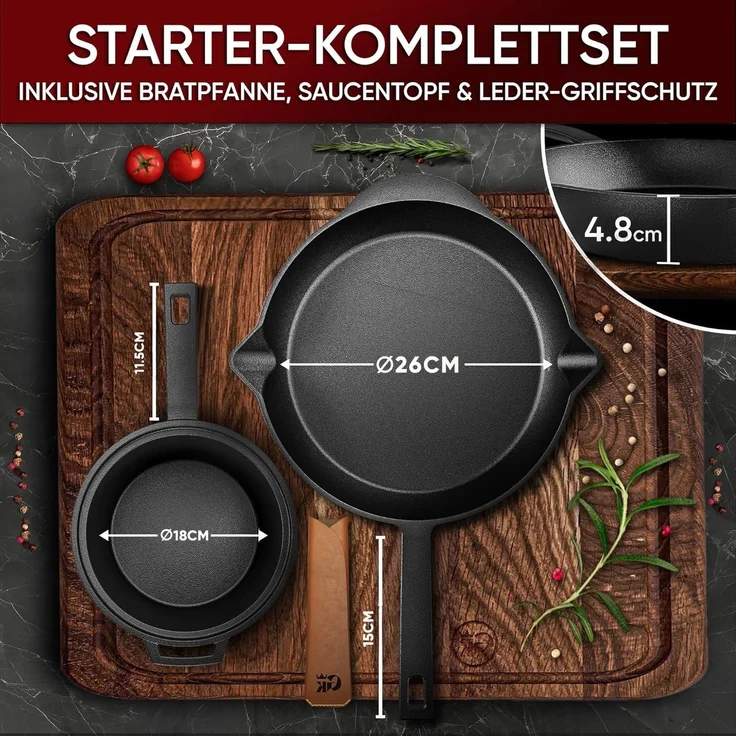 GUSSKÖNIG Dutch Oven in Holzbox 9tlg. mit Bratpfanne Saucentopf Untersetzer Deckelheber – Bild 5