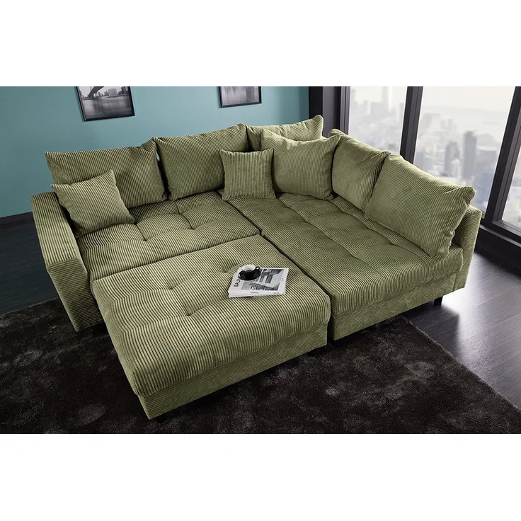 riess-ambiente Ecksofa KENT 220cm grün- Cord, L-Form, Federkern, m. Kissen, FSC-zertifiziert, Einzelartikel 1 Teile, Moderne Wohnlandschaft inkl. Hocker - ideal für Wohnzimmer u. Familien – Bild 3