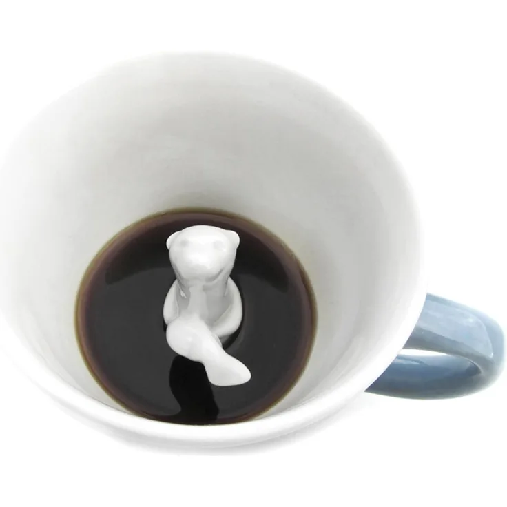 Ceature Cups Otter Keramiktasse (325 Milliliter, Graublau) Auf der Innenseite versteckte Tiermotive Weihnachts und Geburtstagsgeschenk für Kaffee und Teeliebhaber