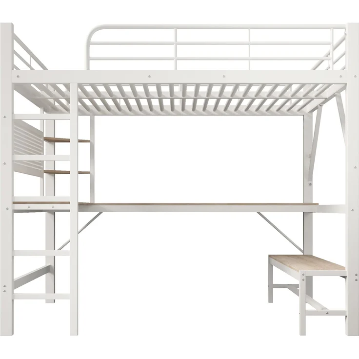 EINHOM Hochbett, 160 x 200cm, Eisenrahmen, Schreibtisch, Geländer, Trittleiter, mehrere Ablagen, mit usb+type-c Steckdose, mit LED Leiste, mit Lochbrett, ohne Matratze, Weiß – Bild 7