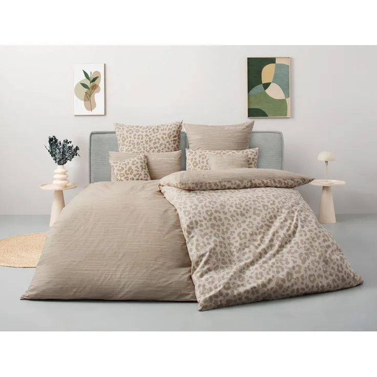 TOM TAILOR HOME Bettwäsche Ellja in Gr. 135x200 oder 155x220 cm, Leo Design, Bettwäsche-Set, Biber, 3 teilig, 100% Baumwolle, Animal Print, Marken-Bettwäsche mit Reißverschluss