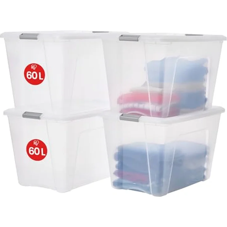 Iris Ohyama Aufbewahrungsboxen mit Deckel, 60L, 4er-Set, Silber, Sicherer Verschluss, Stapelbar, Griffe, für Schlafzimmer, Schrank, Büro, Organisation, BPA-freies Plastik, Ordnungsboxen, NTB-60 – Bild 1