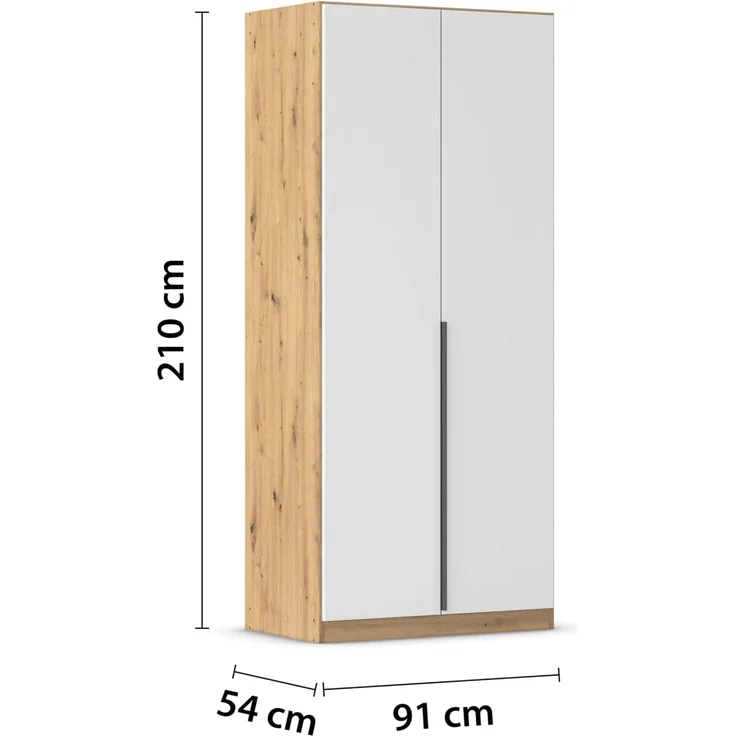 Rauch Möbel Alabama, Kleiderschrank, Garderobe, 2-türig, Zubehör Premium, 1 Kleiderstange, 2 Einlegeböden, Schubladeneinsatz, Farbe Weiß/Eiche Artisan, Holz, Griff Grau metallic, 91 x 210 x 54 cm – Bild 3