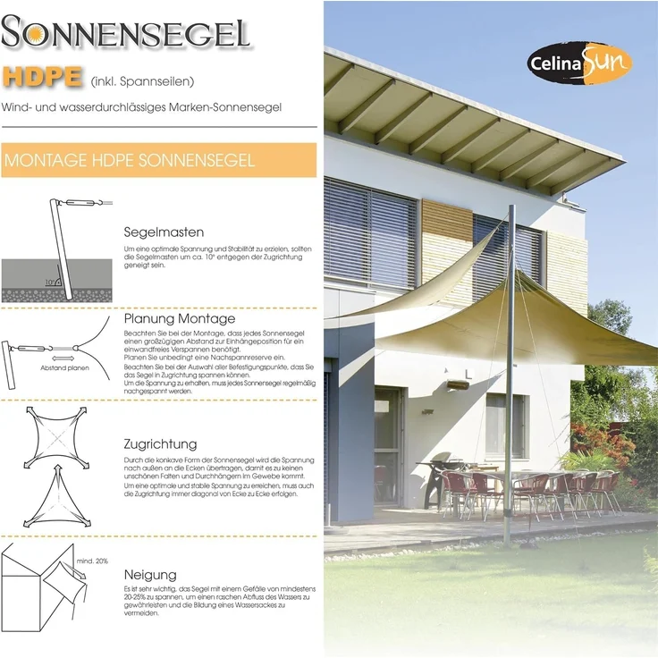 CelinaSun Sonnensegel inkl Befestigungsseile Premium HDPE wetterbeständig atmungsaktiv Quadrat 2x2 m Sand beige – Bild 6