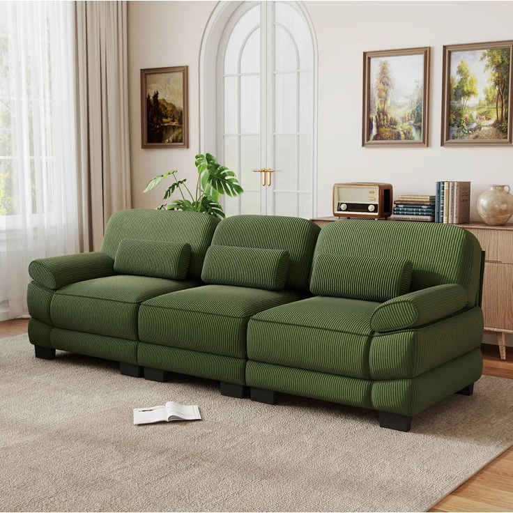 3-Sitzer-Modulsofa 265x88,5x94 cm aus grünem Cord mit Lendenkissen – Bild 1