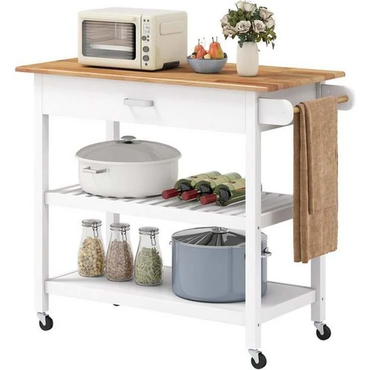 COSTWAY Küchenwagen, Mit Schublade, Rollen und Arbeitsplatte, Holz, weiß – Bild 3