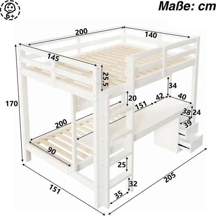 Etagenbett mit Schreibtisch, LED-Beleuchtung, Lattenrost, Wandgitter, Schubladen, Rausfallschutz, Trittleiter und Regal, 140x200 cm/90x200 cm, Kinderbett, Kiefer – Bild 5