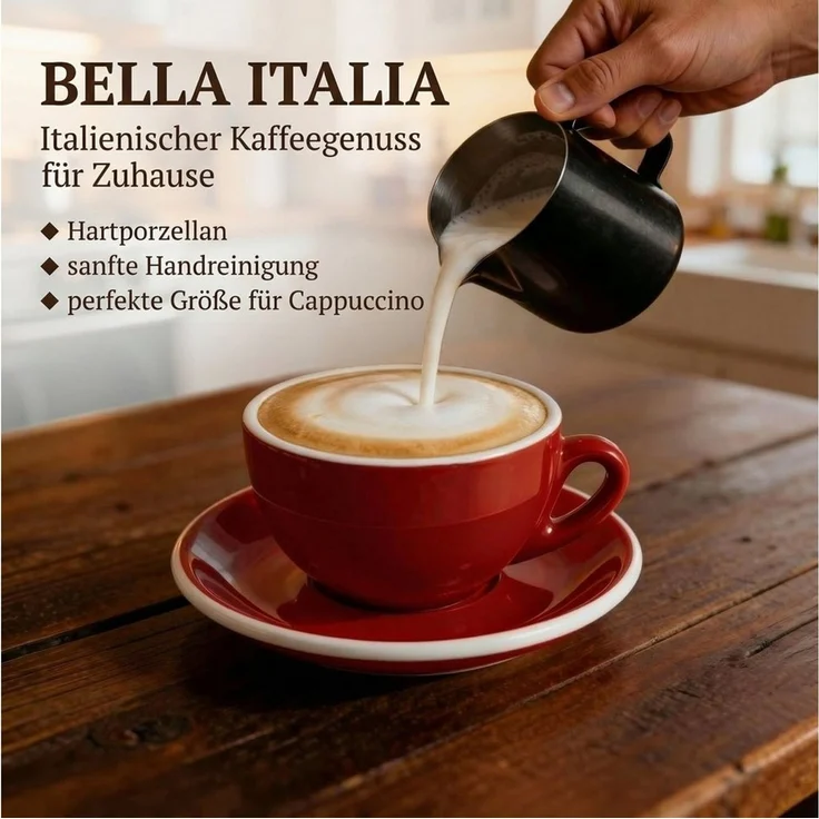 MUVELL Cappuccinotasse 6er Cappuccino-Set "ROM" inkl. Tasse 200ml + Untertasse, rot, 6-tlg, Keramik, 200 ml rot mit weißen Rand und Innenfläche – Bild 3