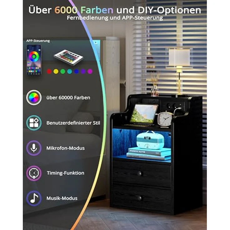 IRONCK LED Nachttisch mit Steckdose, Beistelltisch Holz mit Ladefunktion, Nachtschrank mit 2 AC, 1 USB& 1 Type-C Anschlüsse, Sofatisch mit 2 Schubladen für Wohnzimmer,Schlafzimmer, 45 x 30 x 70 cm Schwarz – Bild 5