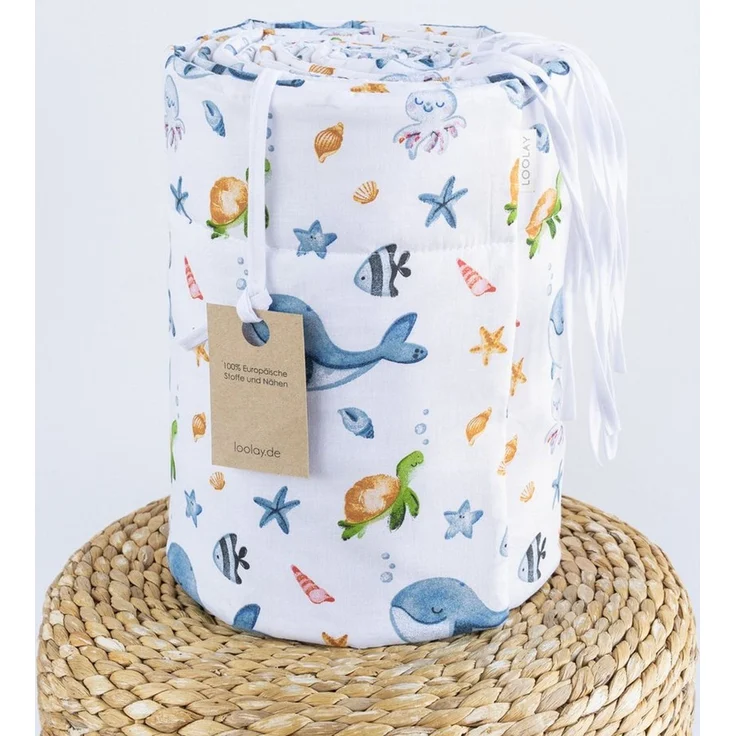 Loolay Bettnestchen Meer Ozean Wal Fische Schildkröte Baumwolle Babybett BETTUMRANDUNG, (Bett 140 x 70cm - 420, 210 cm, 120 x 60cm - 360, 180 cm, Babyausstattung Umrandung Kopfschutz Kantenschutz Bettschlange), PREMIUM Baby GESCHENK! 100% Bio Baumwolle! – Bild 3