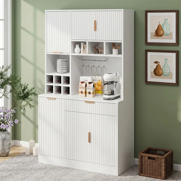 EINHOM Buffetschränke, Esszimmer-Hochschrank 100 x 40 x 175 cm, Mehrstufigem Stauraum, Integrierter Steckdose sowie USB-C- und USB-A-Anschlüssen, Inklusive Weinglasablage und Flaschenaufbewahrung, Weiß – Bild 3