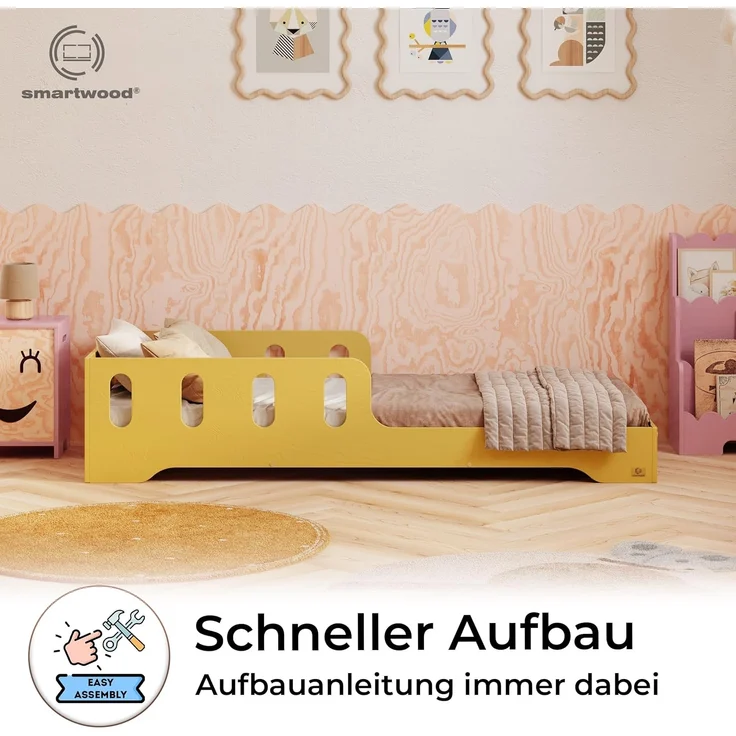 smartwood Kinderbett 80x160 cm in Gelb - Montessori Bodenbett mit Rausfallschutz & Lattenrost - Aus handbemaltem Sperrholz - Sicher für Jungen und Mädchen - Einfache Montage - TILA 6 – Bild 4