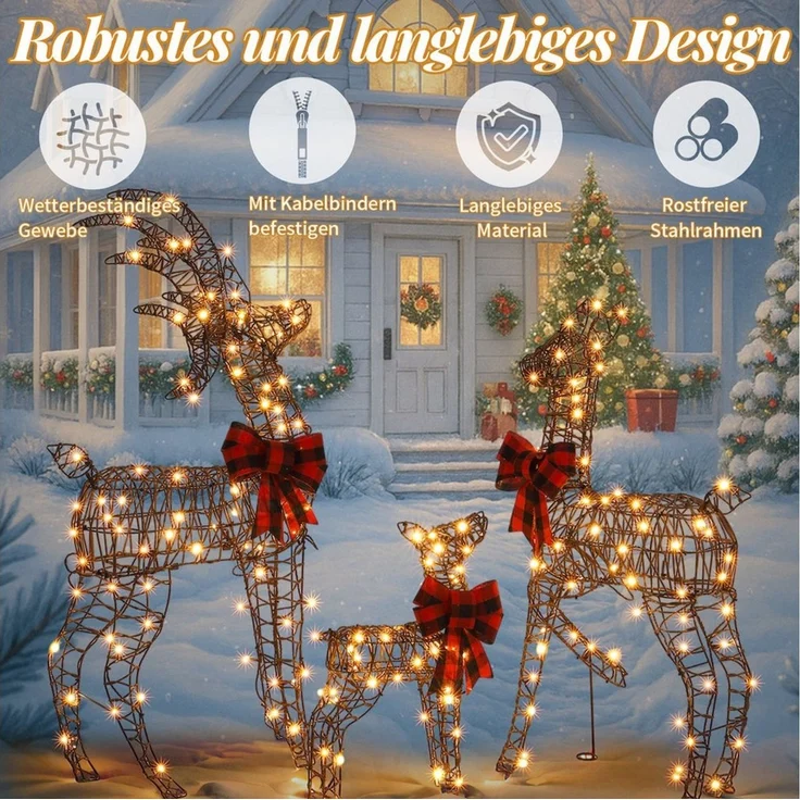 LALAHO Weihnachtsfigur 3-teiliges LED Rentier Familie Weihnachtsbeleuchtung, mit 210 LEDs, Rentier Weihnachten Deko für Außen und Innen – Bild 3