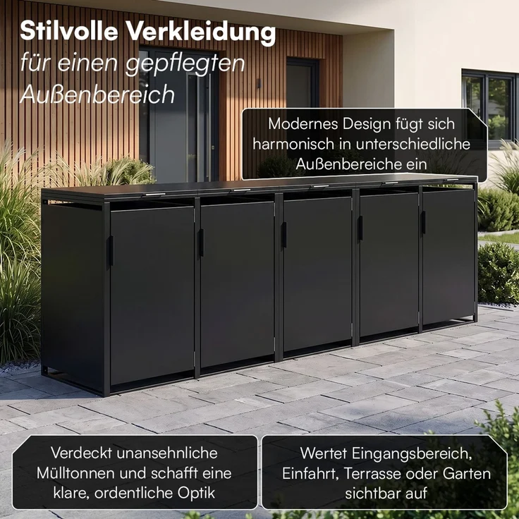STEELSØN 'Thoria' Mülltonnenbox 5er je 240 Liter, graphitschwarz, Mülltonnenverkleidung aus Stahl, wetterfest, 116x80x332 cm, Müllbox für 5 Tonnen – Bild 11