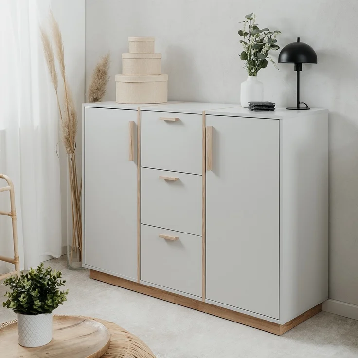 Calicosy Sideboard 2 Türen und 3 Schubladen Dekor Weiß und Holz B125 cm - SPLIT - Weiß – Bild 3