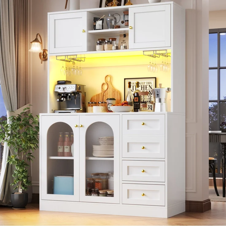 Buffetschrank mit LED-Lichtleiste & Fluted Glas, 120x40x188 cm, Weiß – Bild 3