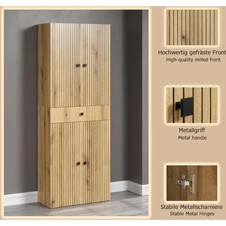trendteam smart living - PureBliss - Waschbeckenunterschrank - Eiche - Waschtisch mit 3 offenen Fächern - (BxHxT) 90 x 79 x 53 cm - Badezimmerschrank mit Rillenoptik - edle Metallgriffe – Bild 7