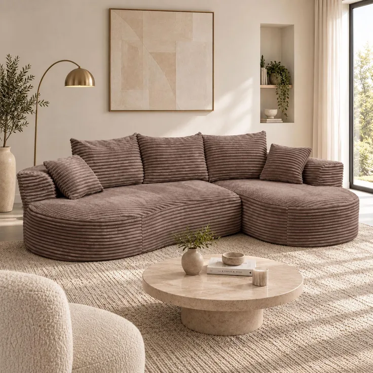 Sofa-Garnitur HWC-P19, 3-Sitzer Couch Loungesofa, Stoff/Textil Cord (370 g/m²) Liegefläche rechts ~ braun