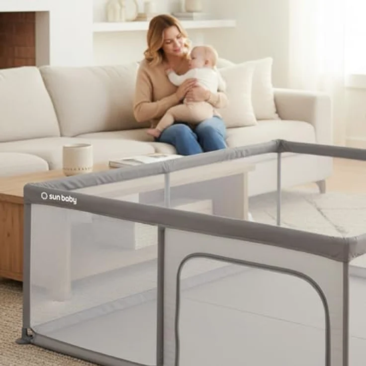 sun baby Laufstall 150x200 cm 0-2 Jahre Grau, Polyester, Netzwände, Eingang mit Reißverschluss, rutschfeste Füße, Tragetasche im Set, Metallrahmen – Bild 5