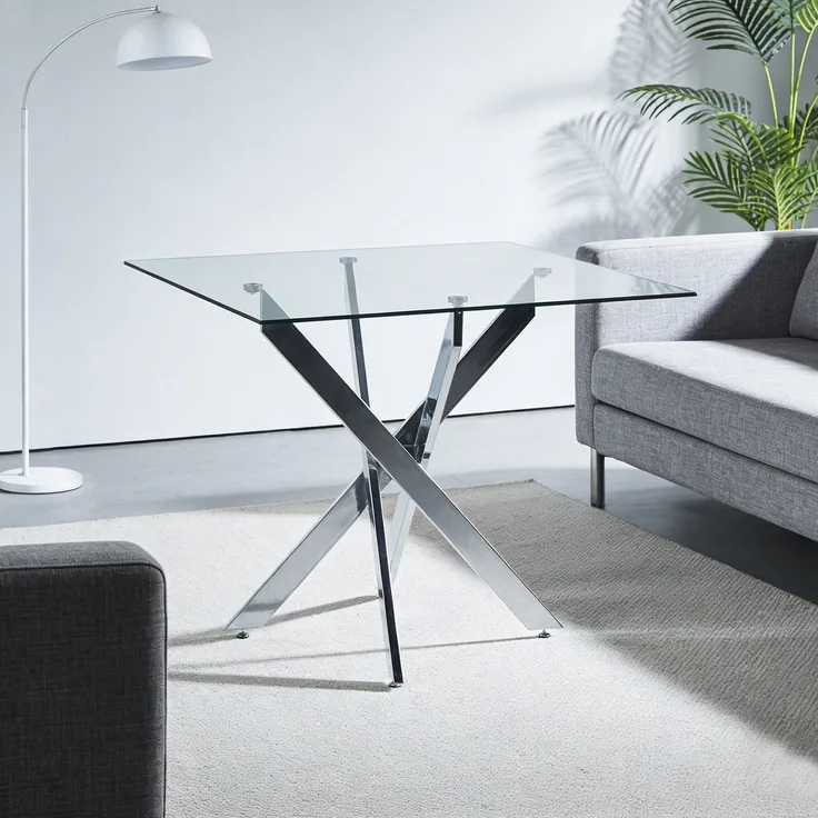 Esstisch 80x80x75 cm mit Glasplatte und Metallgestell in Silber