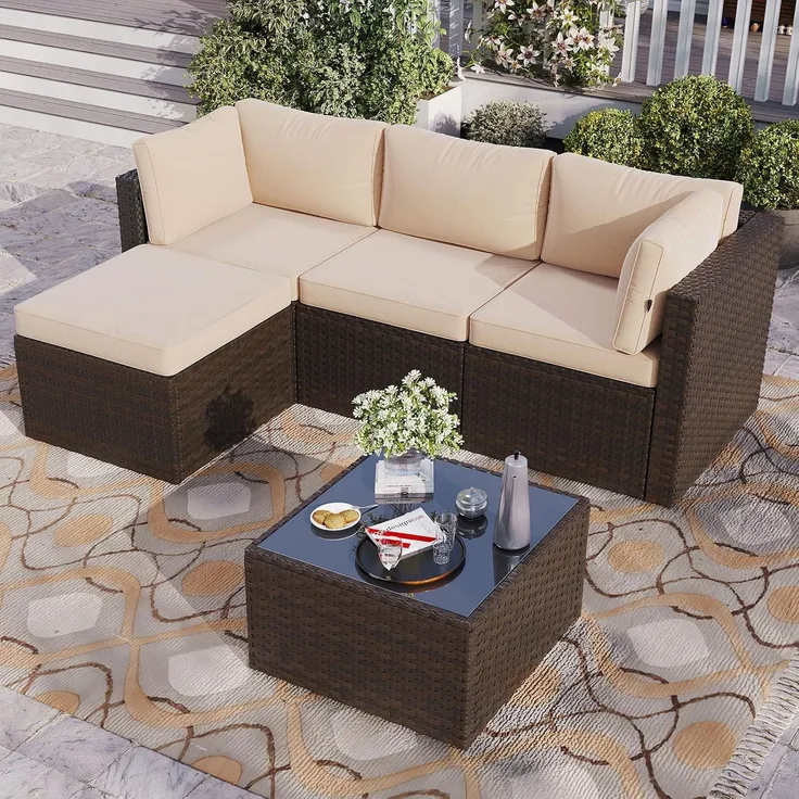 Aoxun Gartenmöbel Set Polyrattan 3-teilig mit 7,5cm dicken Kissen & Glas-Couchtisch, wetterfeste Gartenlounge outdoor mit extra langer 196cm Sitzbank, stabiler Balkon Terrassen Außenmöbel Satz (Khaki)