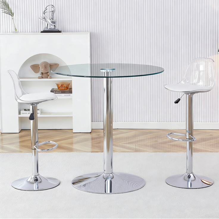 Bartisch-Set mit Glastisch Ø 89 cm und 2 höhenverstellbaren, drehbaren Barhockern