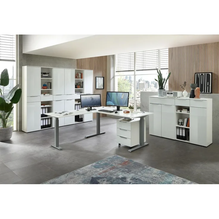 10-tlg. Komplettbüro SANTORIN Weiß & Glas – inkl. Eckschreibtisch