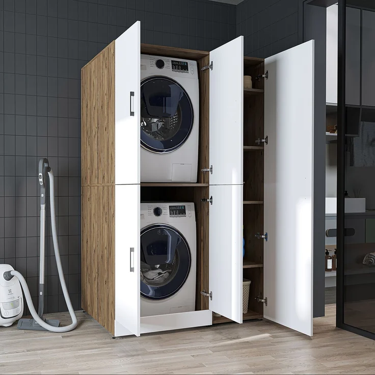 Roomart Waschmaschinenschrank - DORA-II- 115 cm breit - Wasch- & Trocknerschrank mit Türen, Waschmaschinen-Überbau für Waschküche & Hauswirtschaftsraum • Weiß-Eiche – Bild 3