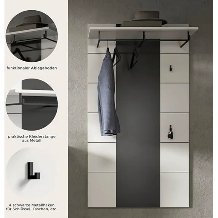 xonox. home - Paneel Canu 80 x 145 x 29 cm in Basalt grau und weiß Nb. - Wandpaneel Wandboard Wandgarderobe Garderobenwand Garderobenpaneel Flurpaneel - modern & stilvoll – Bild 7