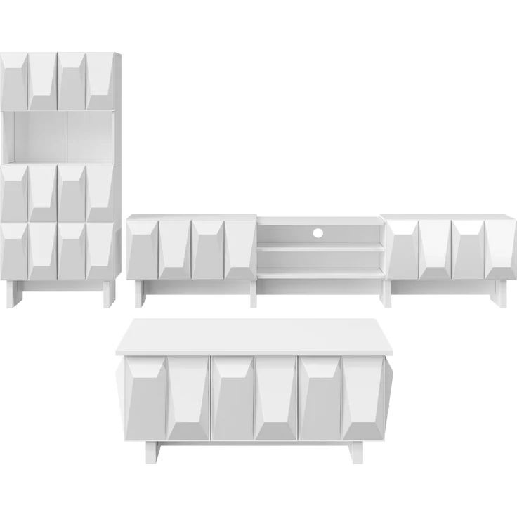 EINHOM Wohnzimmermöbel Set mit 3D-Front, TV-Lowboard, Vitrinenschrank und Couchtisch, Modernes Möbel-Set aus PB, Geometrisches Design – Bild 3