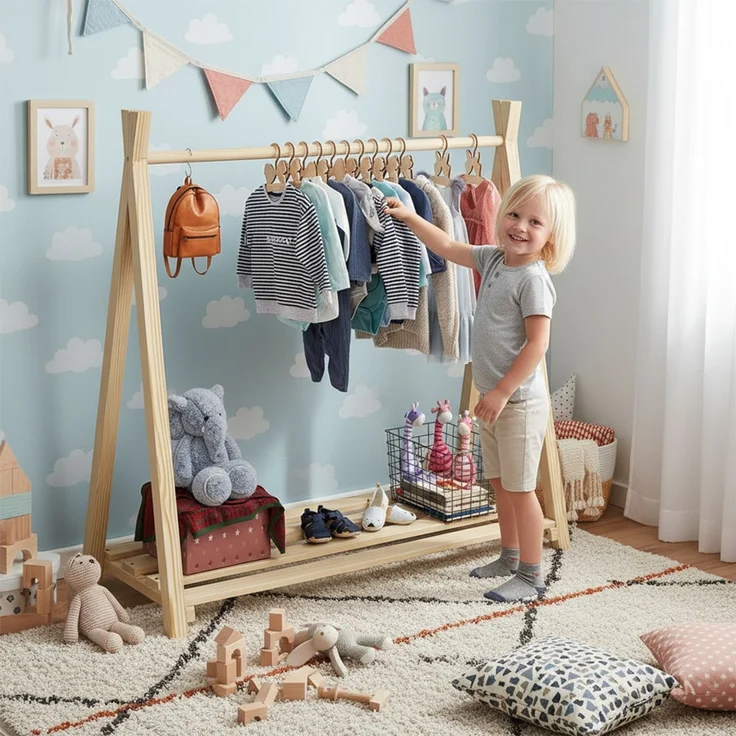 Bellabino 'Ryck' Tipi Kleiderstange, Kiefer Massivholz, natur, 112x48x115 cm, Kindergarderobe mit Schuhablagefläche – Bild 7