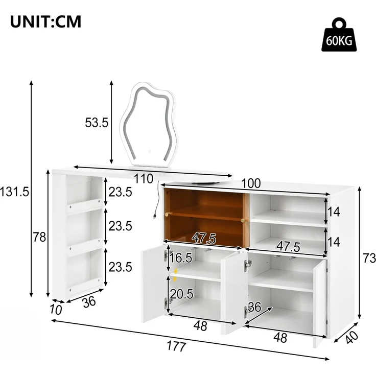 Schminktisch 177x40x131,5 cm mit drehbarer Tischplatte, LED-Spiegel und Stauraum, Weiß – Bild 5