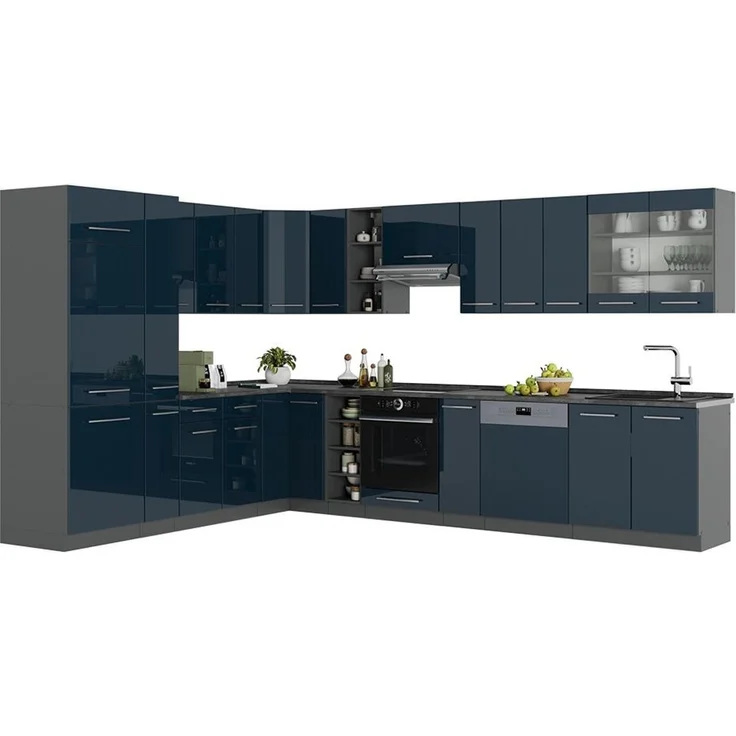Eckküche Fame-Line Dunkelblau Hochglanz/Anthrazit 347 x 257 cm, AP Marmor Vicco – Bild 6